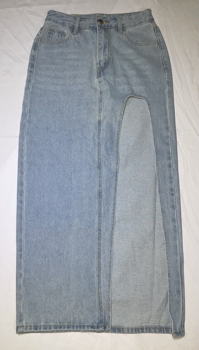 EUC SHEIN Women's Light Wash High Waisted Maxi Jean Skirt Leg Slit Size Small/4